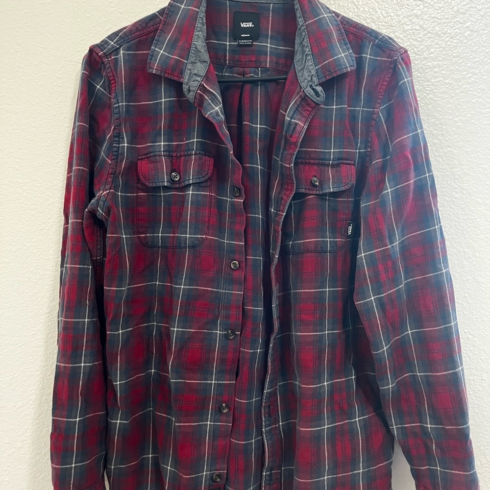 Vans Men's Casual Red and Black Plaid Shirt